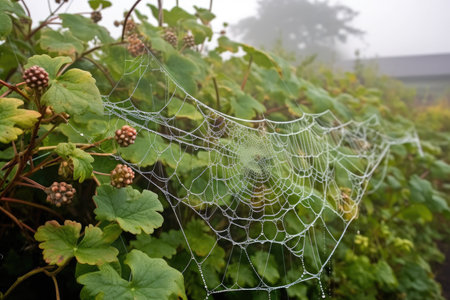 misty morning, with close-up of dew-covered spider web, created with generative aiの素材