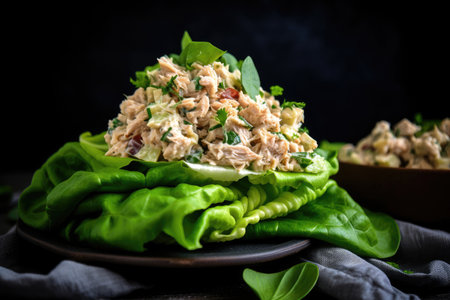 stack of crisp lettuce leaves topped with creamy tuna salad, created with generative aiの素材