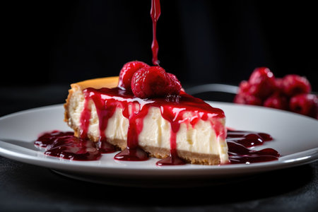 slice of cheesecake, with drizzle of raspberry sauce, created with generative aiの素材