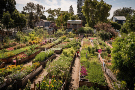 community garden, with rows of vegetables and herbs, blooming flowers and buzzing insects, created with generative aiの素材