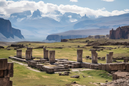 ancient ruins, with view of distant mountain range, providing a sense of scale and grandeur, created with generative aiの素材