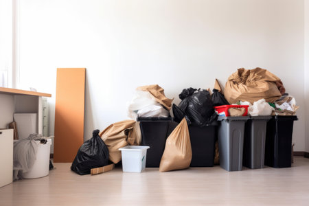 decluttering room, with bin and bags for donations or trash, created with generative aiの素材