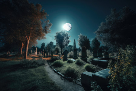 a cemetery at night, with a full moon shining above, created with generative aiの素材