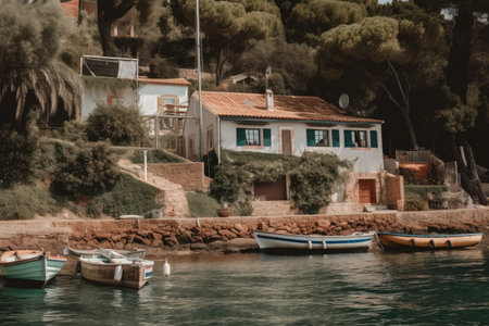 mediterranean house, with view of the sea, and boats in the water, created with generative aiの素材