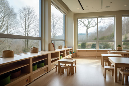 a calm and tranquil learning environment, with a view of nature through the window, created with generative aiの素材
