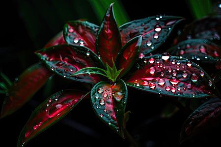 close-up of neon plant, with water droplets on leaves, created with generative aiの素材