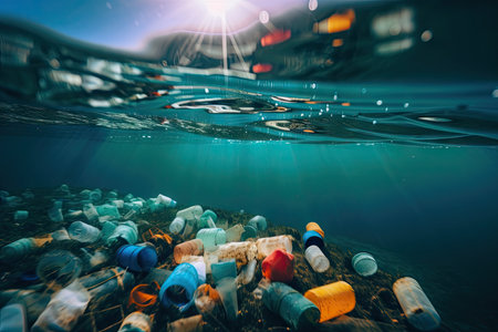 plastic bottle caps and other plastic waste floating on the surface of the ocean, created with generative aiの素材