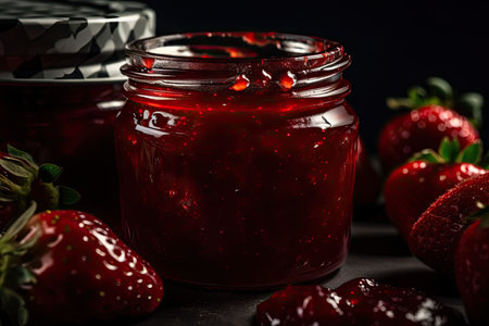 close-up of fresh strawberry jam, with the bright red berries visible, created with generative aiの素材