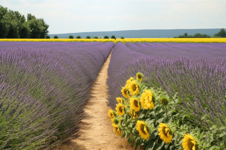 lavender field, with row of blooming sunflowers in the background, created with generative aiの素材