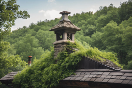 a wooden roof with a stone chimney and green foliage in the background, created with generative aiの素材