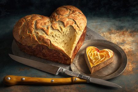heart-shaped bread loaf with a golden crust and butter knife cuts on the surface, created with generative aiの素材