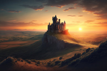 majestic castle surrounded by rolling hills and sunset in the distance, created with generative aiの素材