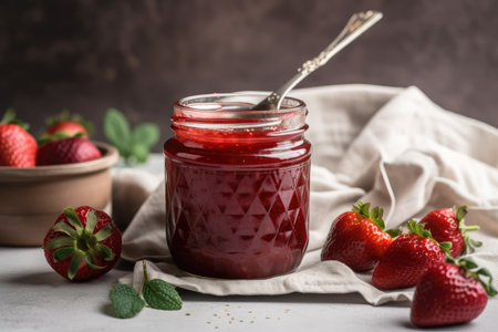 jar of homemade strawberry jam, with a serving spoon and cloth napkin nearby, created with generative aiの素材