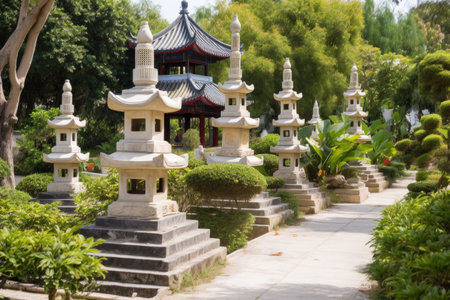 peaceful china pagoda garden, with stone lanterns and bonsai trees, created with generative aiの素材