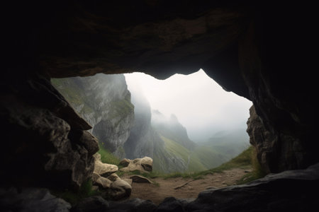 mountain cave, with view of the valley below, surrounded by misty mountains, created with generative aiの素材