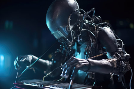 close-up of alien musician playing futuristic, otherworldly instrument during riveting performance, created with generative aiの素材