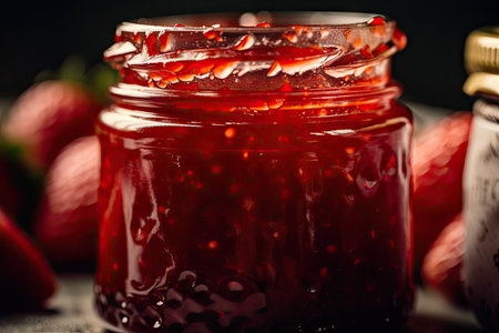 stunning close-up of jar of strawberry jam, with its fruity and sweet aroma permeating the air, created with generative aiの素材
