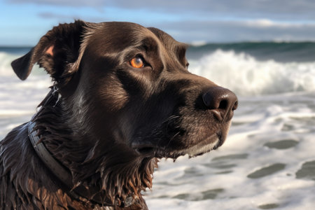 close-up of dog named rex, with the waves breaking behind him, created with generative aiの素材