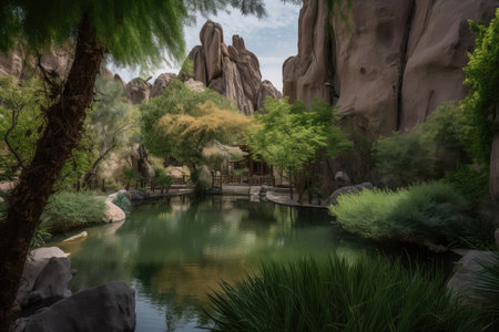 oasis surrounded by towering rock formations and lush greenery, created with generative aiの素材