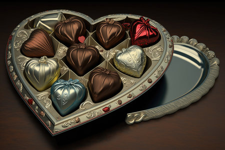 heart-shaped gift box with assorted chocolates or truffles on a silver platter, created with generative aiの素材