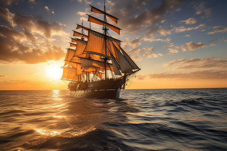 majestic clipper ship sailing on calm sea, with billowing sails and sun setting in the background, created with generative aiの素材