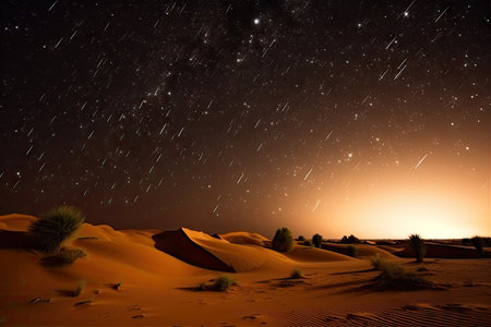 night sky with stars and meteor showers over the dunes of the sahara desert, created with generative aiの素材