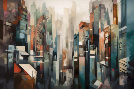 cubist painting of a cityscape, with blurred skyscrapers and busy streets, created with generative aiの素材