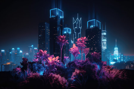 neon plant growing in a futuristic cityscape with towering skyscrapers, created with generative aiの素材