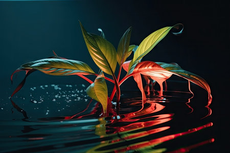 neon plant with shining sun reflection on the water surface, created with generative aiの素材