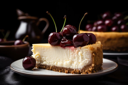 close-up of slice of decadent cheesecake, with cherry and graham cracker crust visible, created with generative aiの素材