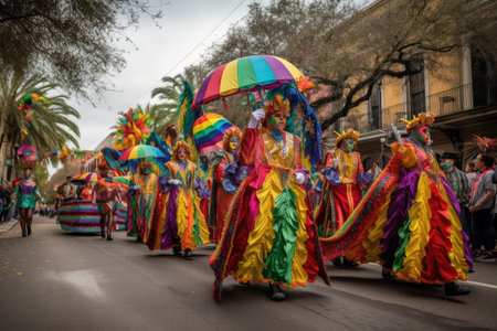 mardi gras parade marching down the street, with colorful floats and costumes, created with generative aiの素材