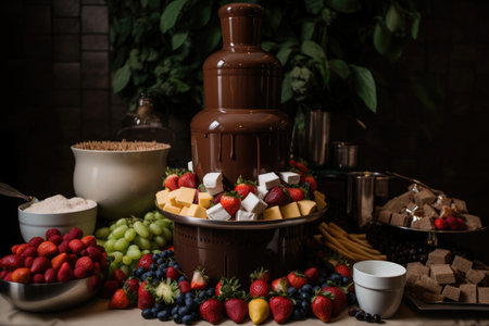 chocolate fountain with fresh fruit and marshmallows for dipping, created with generative aiの素材