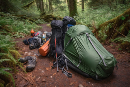 backpacking trip with tent, backpack, and hiking gear on the trail, created with generative aiの素材