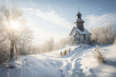 snow-covered chapel in the midst of a winter landscape, created with generative aiの素材