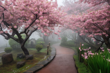 cherry blossom garden, with blooming trees surrounded by misty morning fog, created with generative aiの素材