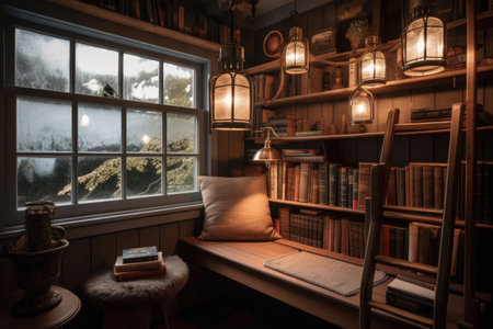 cozy reading nook in library, with bookshelves and lanterns for added ambiance, created with generative aiの素材