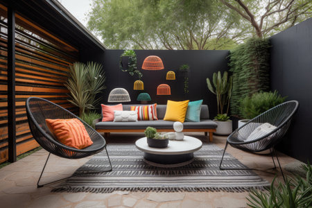 modern outdoor space with a variety of seating options and pops of color, created with generative aiの素材
