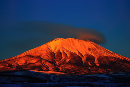 volcano, with fiery red and orange hues, against deep blue sky, created with generative aiの素材