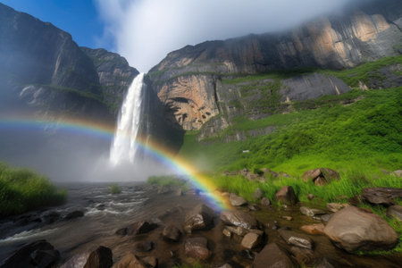 majestic waterfall, with mist and rainbows, against a dramatic mountain backdrop, created with generative aiの素材