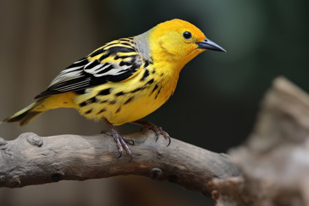yellow bird with black stripe on its head perched on branch, created with generative aiの素材
