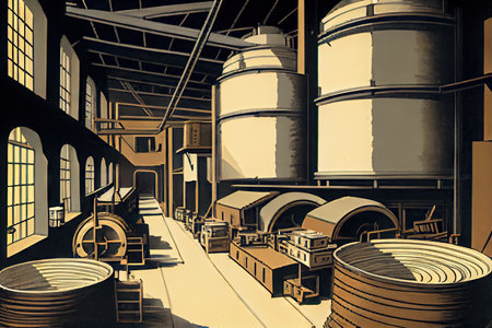 pulp and paper factory, with vats of pulp being processed into rolls of paper, created with generative aiの素材