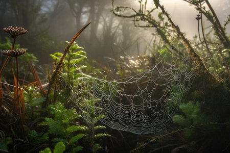 misty morning, with close-up of dew-covered spider web, created with generative aiの素材