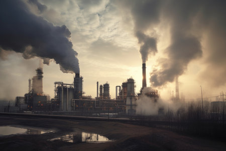 chemical plant, with smoke and steam rising from its chimneys, air pollution visible in the sky, created with generative aiの素材