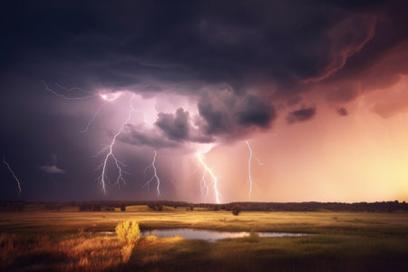 abstract and surreal landscape with distant storm clouds, lightning, and rain, created with generative aiの素材
