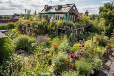 green rooftop garden, filled with plants and blooms, created with generative aiの素材