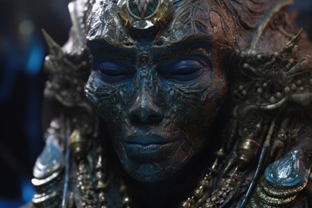 close-up of aliens face, with intricate makeup and glittering jewelry, created with generative aiの素材