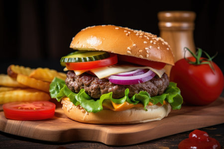 classic burger served with thinly sliced pickles, fresh tomato slice and red onion, created with generative aiの素材