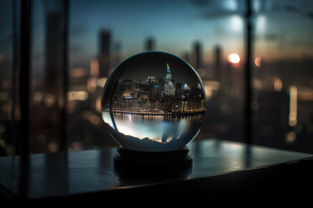 magic crystal ball, with view of bustling cityscape, bringing magic and mystery to the hustle and bustle, created with generative aiの素材