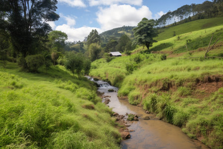 clean water stream running past tree-covered hillside, with view of nearby farm, created with generative aiの素材