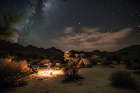 cozy campsite under starry night sky in desert, created with generative aiの素材